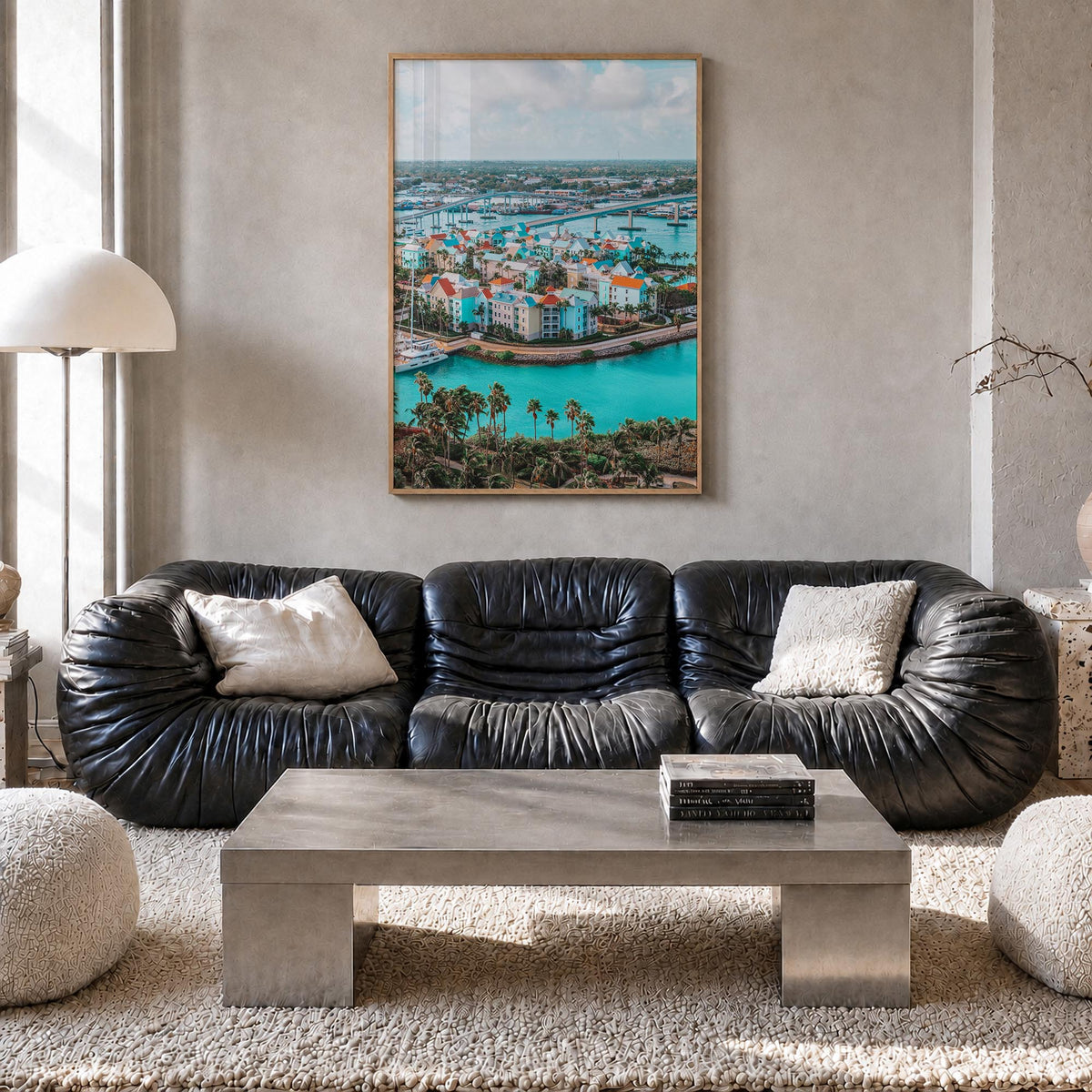 Nassau colorful photo poster of The Bahamas – vertical wall art in natural wood frame, hanging on wall
