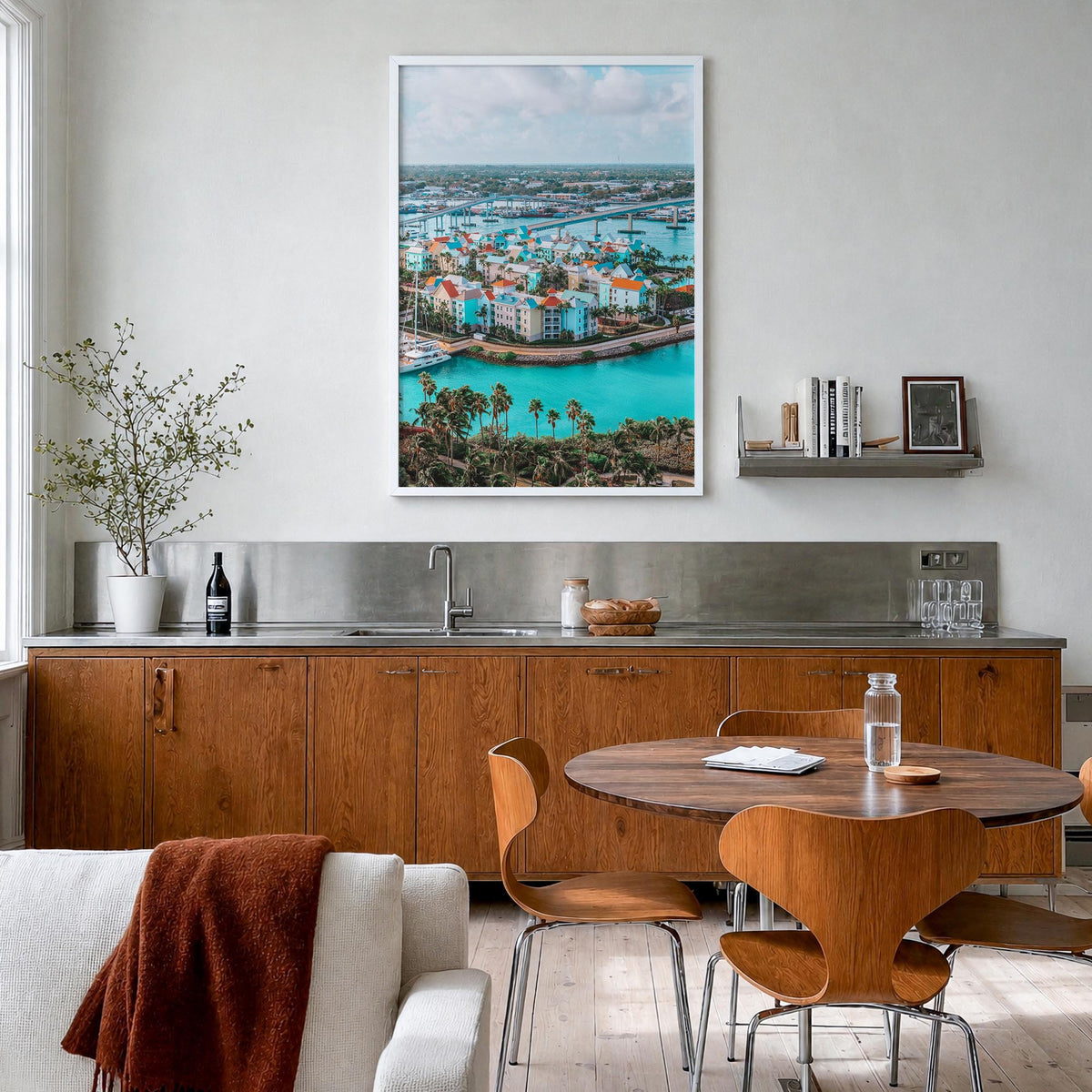 Nassau colorful photo poster of The Bahamas – vertical wall art in white wood frame, hanging on wall
