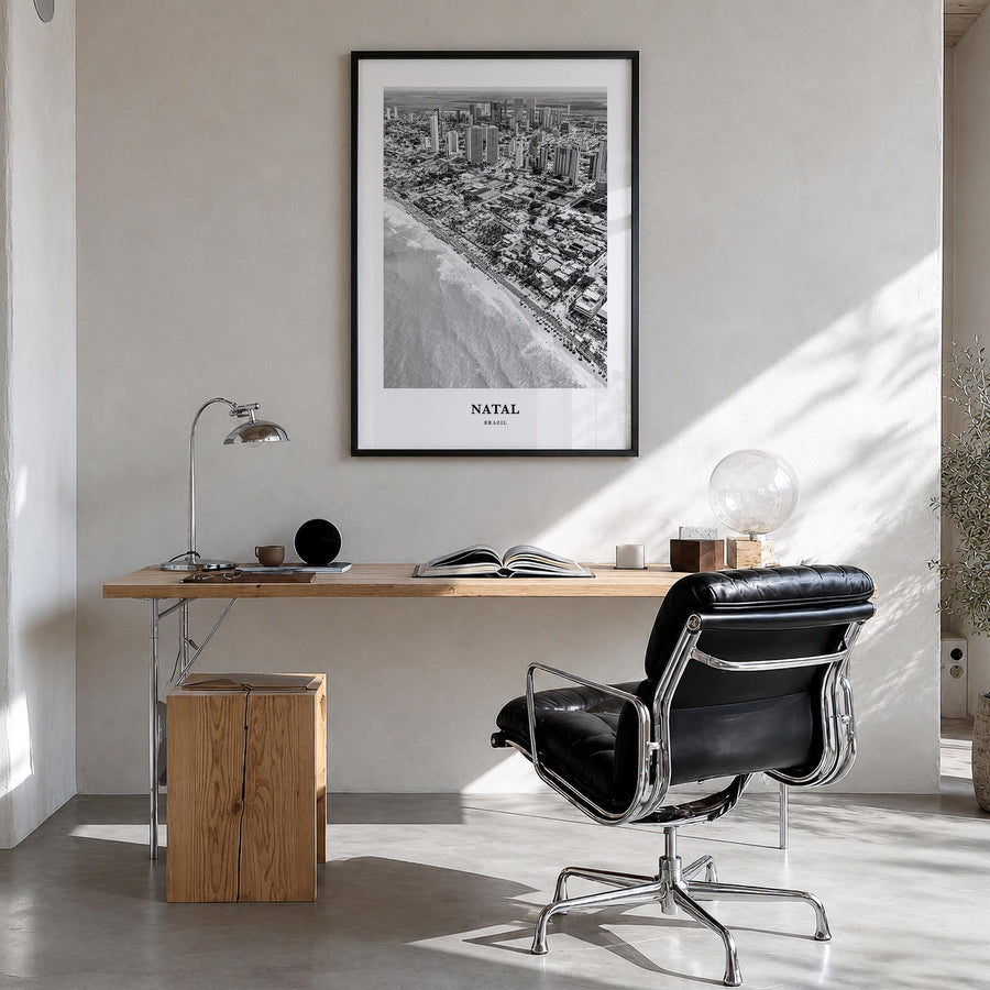 Natal black & white classic poster of Brazil – vertical wall art in black wood frame, hanging on wall