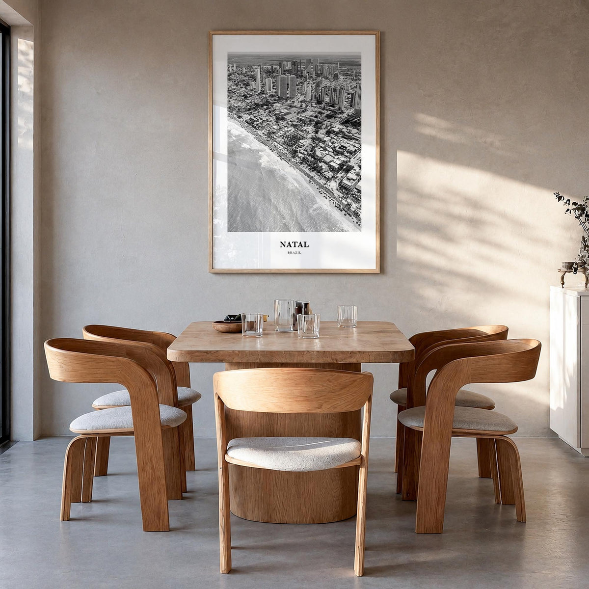 Natal black & white classic poster of Brazil – vertical wall art in natural wood frame, hanging on wall