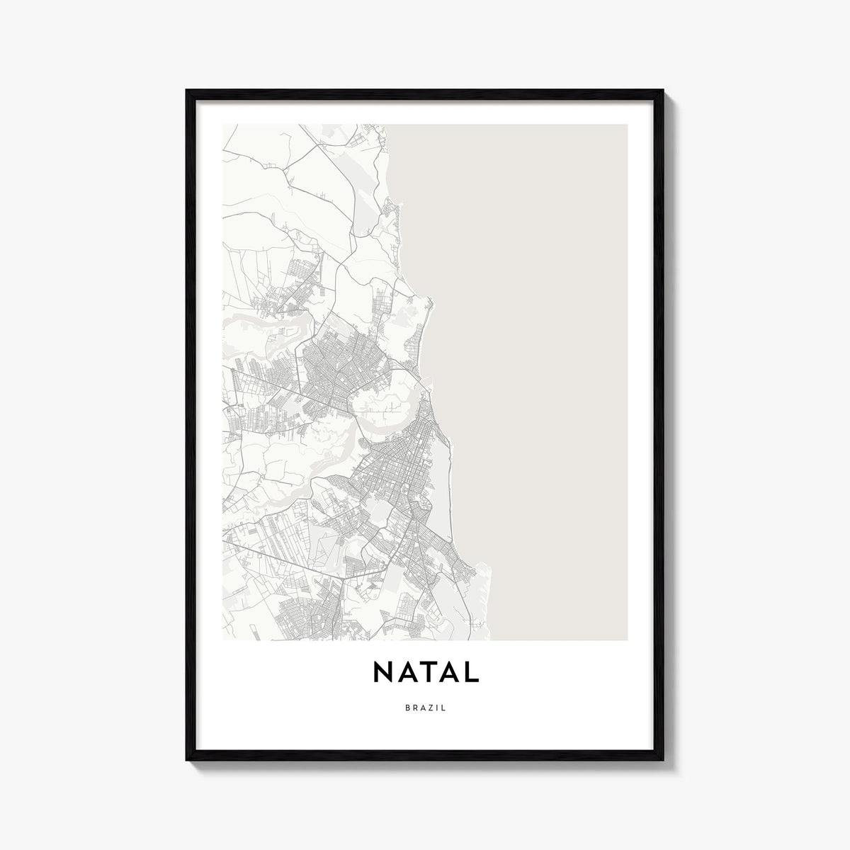 Natal black & white map poster of Brazil – vertical wall art, unframed print shown in interior mockup