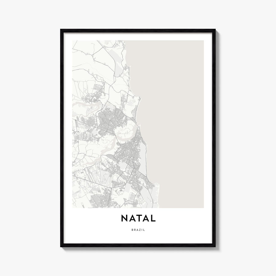 Natal black & white map poster of Brazil – vertical wall art, unframed print shown in interior mockup