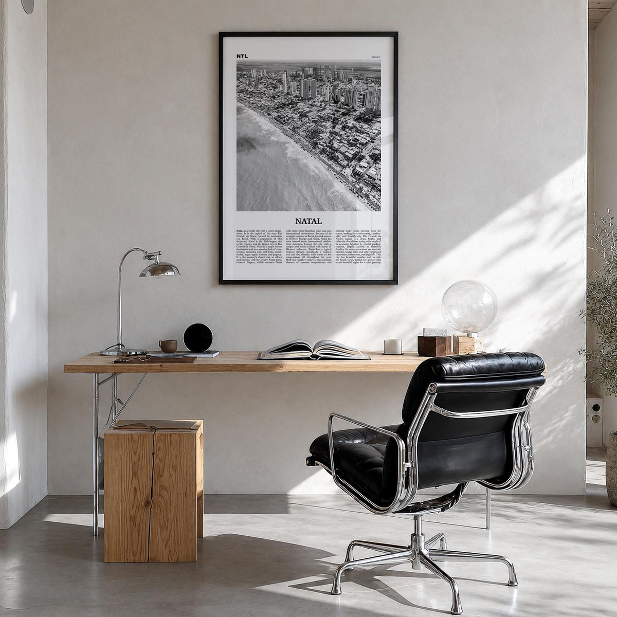 Natal black & white newspaper poster of Brazil – vertical wall art in black wood frame, hanging on wall