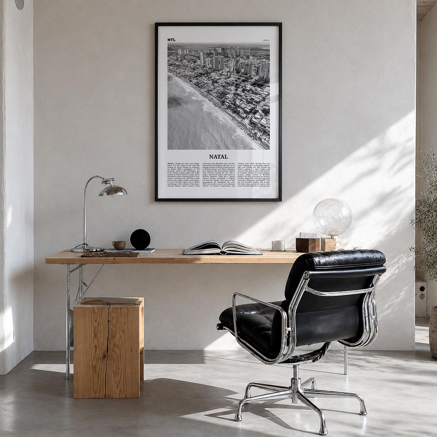 Natal black & white newspaper poster of Brazil – vertical wall art in black wood frame, hanging on wall