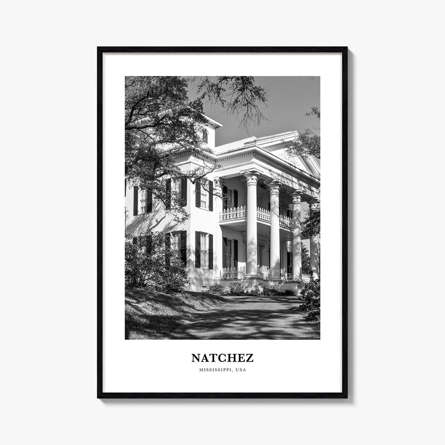 Natchez black & white classic poster of Mississippi, USA – vertical wall art, unframed print shown in interior mockup
