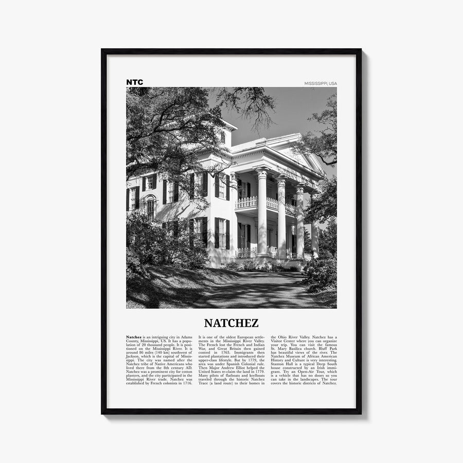 Natchez black & white newspaper poster of Mississippi, USA – vertical wall art, unframed print shown in interior mockup