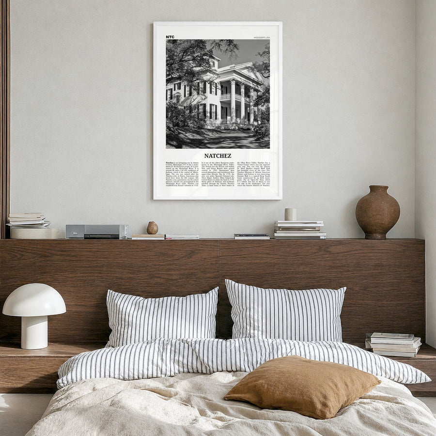 Natchez Newspaper Poster in a white wood frame, hanging in a bedroom