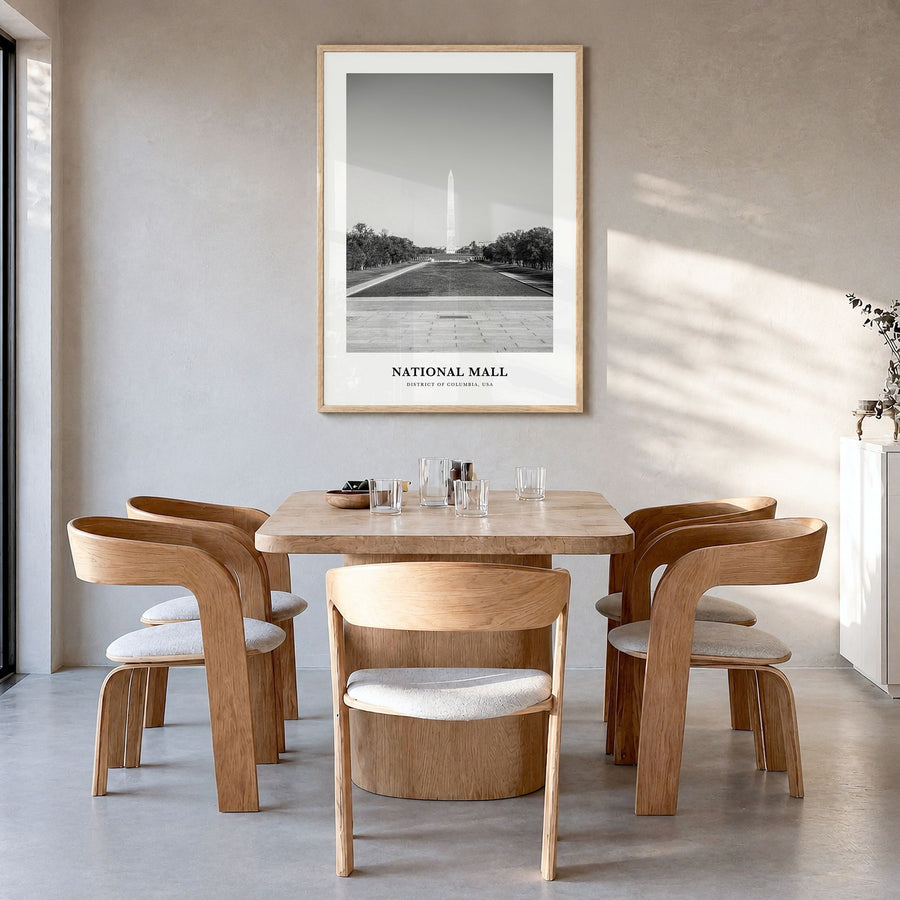 National Mall Classic Poster in a natural wood frame, hanging in a dining room