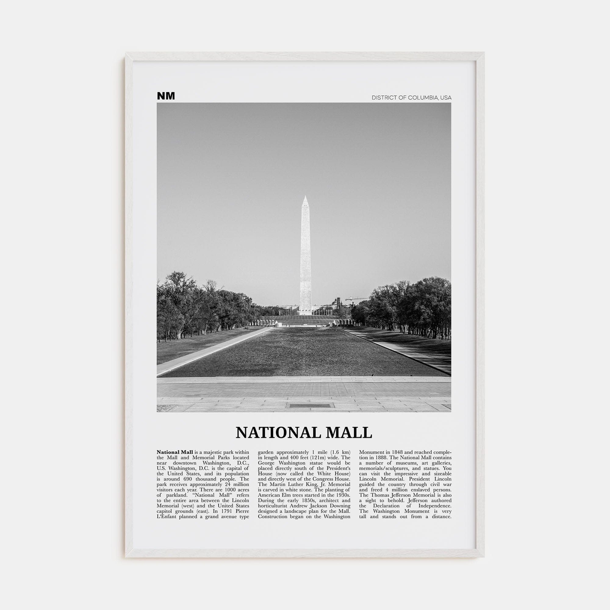 National Mall Poster White Wood / 8x12 in Nbourhood Travel B&W Poster