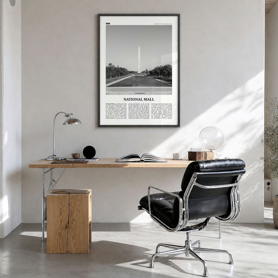 National Mall Newspaper Poster in a black wood frame, hanging in a bright home office