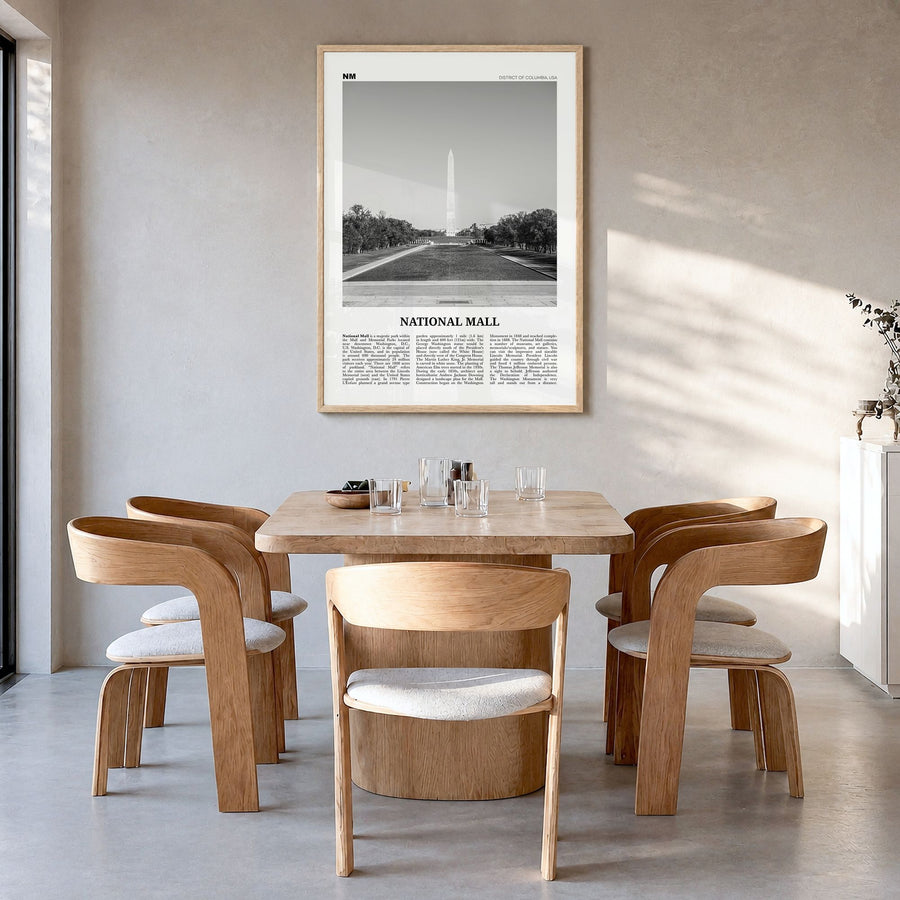 National Mall Newspaper Poster in a natural wood frame, hanging in a dining room