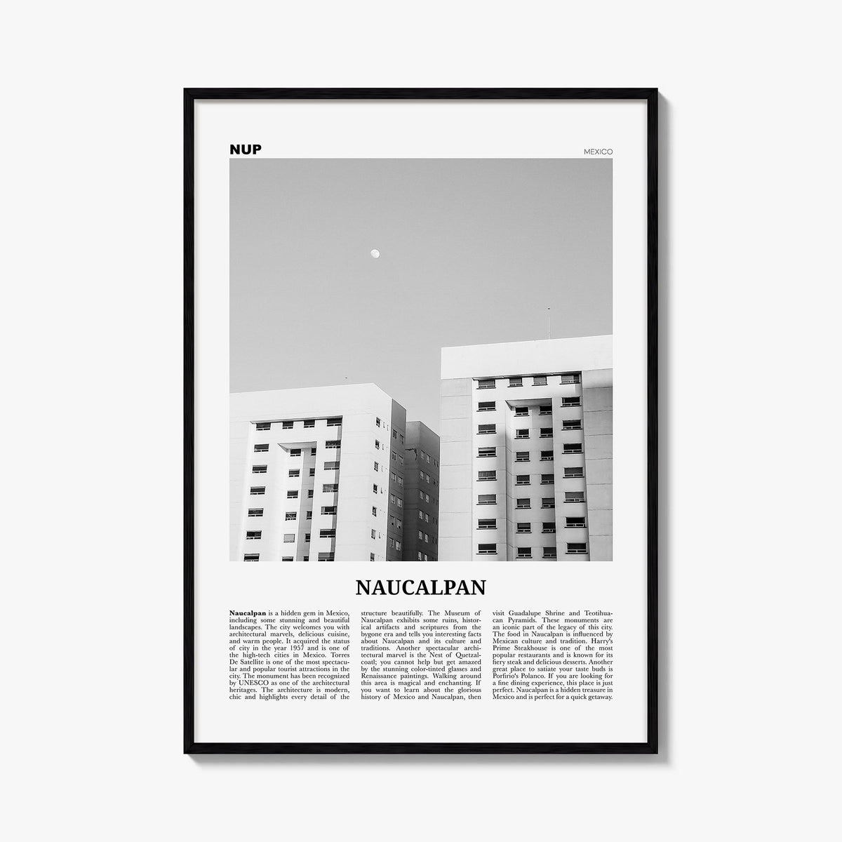 Naucalpan black & white newspaper poster of Mexico – vertical wall art, unframed print shown in interior mockup