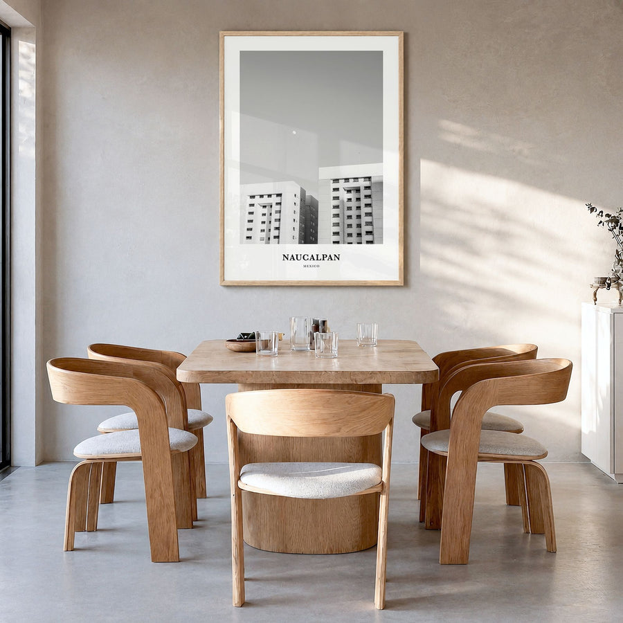 Naucalpan Classic Poster in a natural wood frame, hanging in a dining room