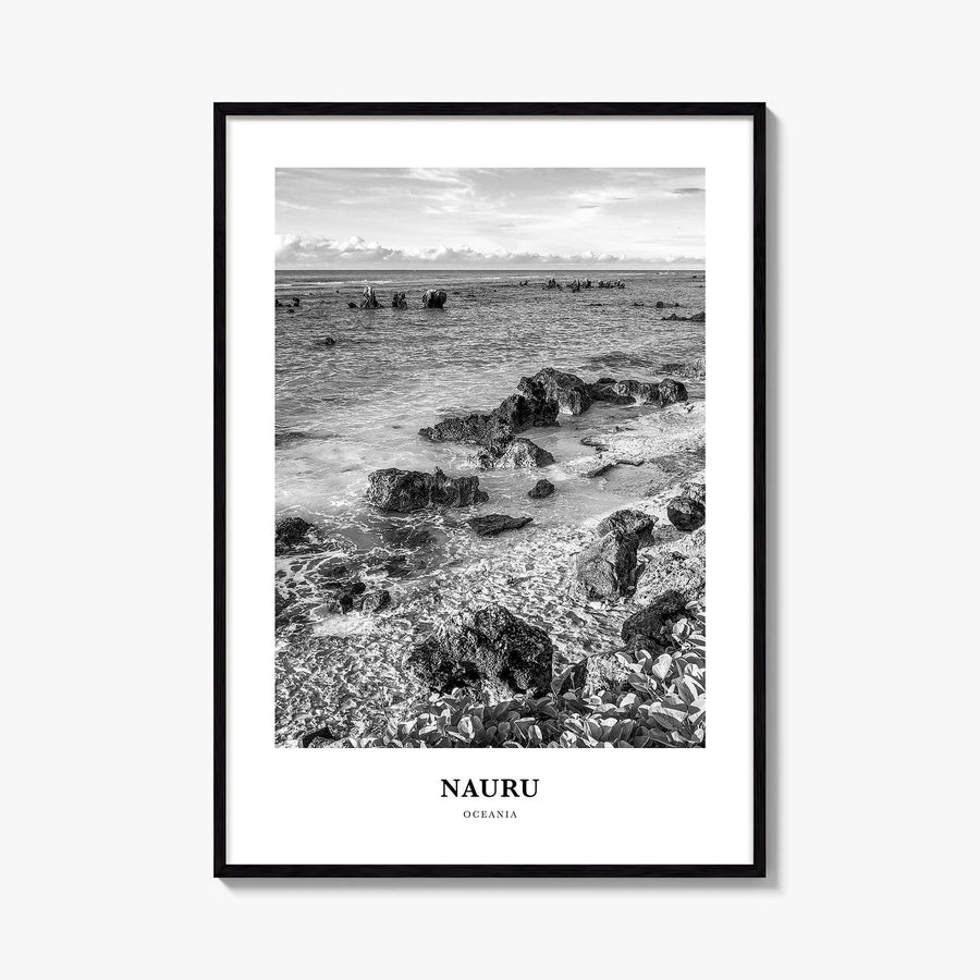 Nauru black & white classic poster of Oceania – vertical wall art, unframed print shown in interior mockup
