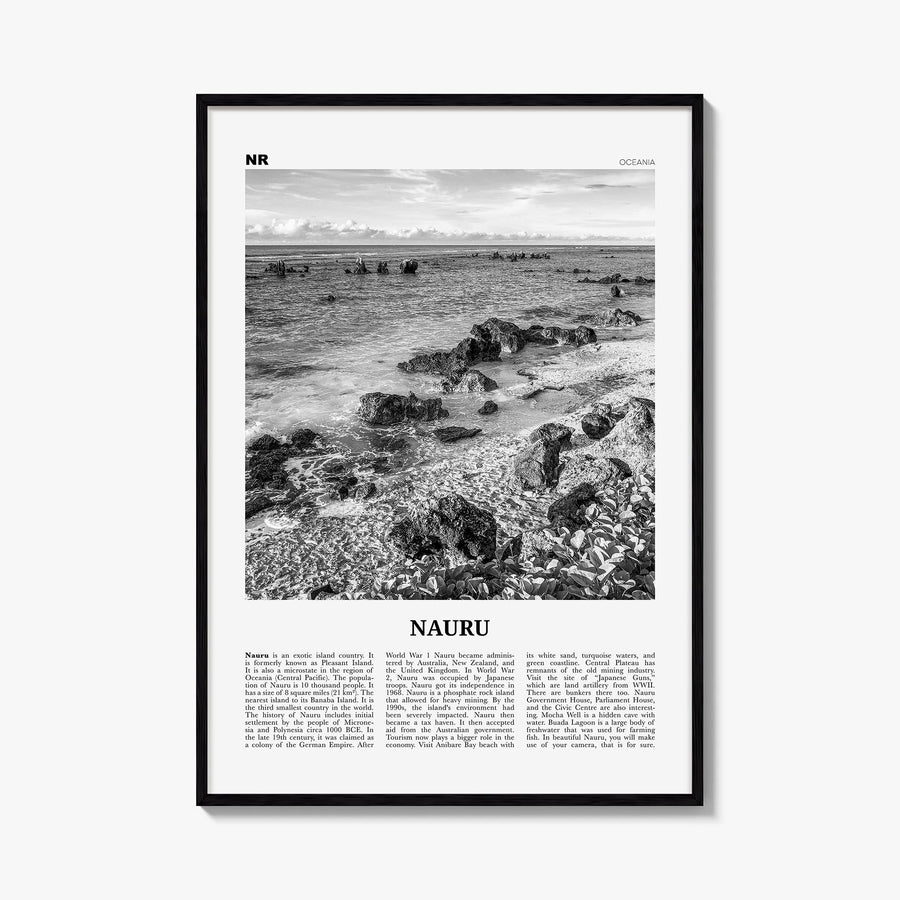 Nauru black & white newspaper poster of Oceania – vertical wall art, unframed print shown in interior mockup