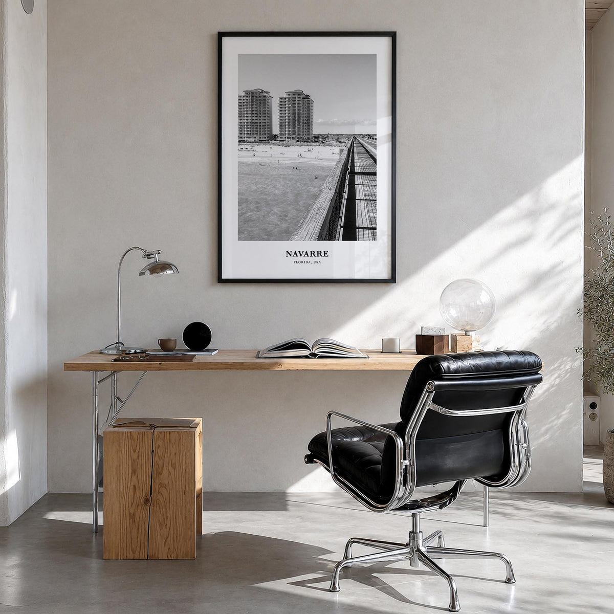Navarre black & white classic poster of Florida, USA – vertical wall art in black wood frame, hanging on wall