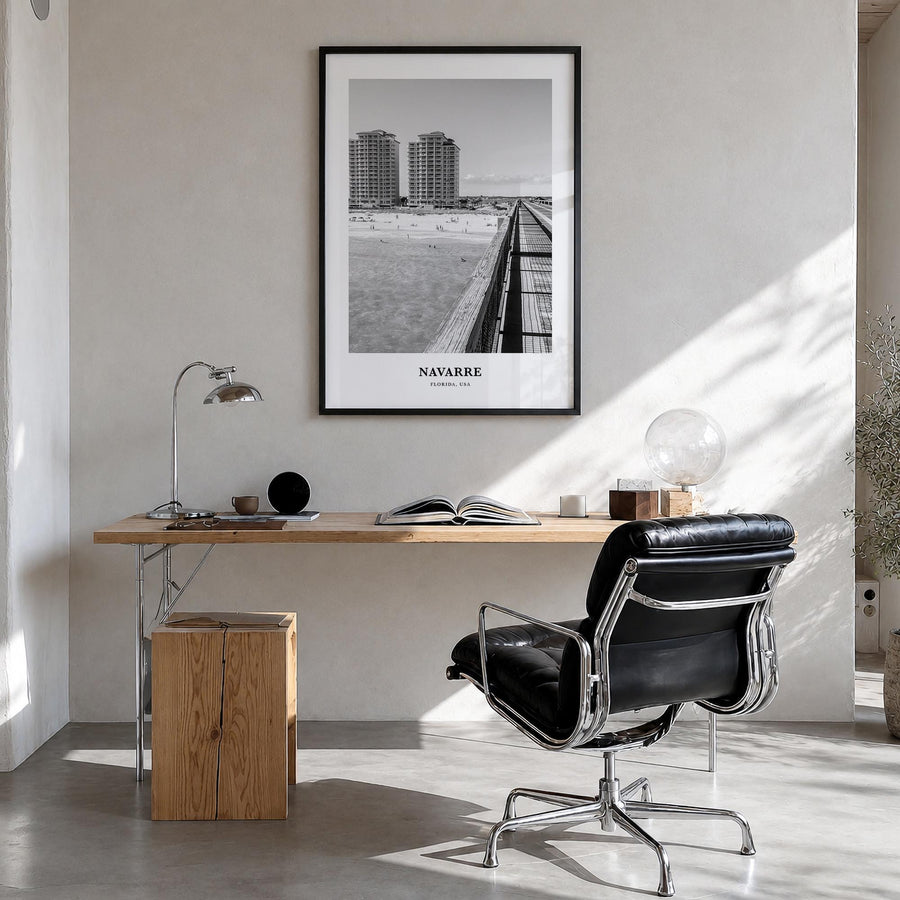 Navarre black & white classic poster of Florida, USA – vertical wall art in black wood frame, hanging on wall