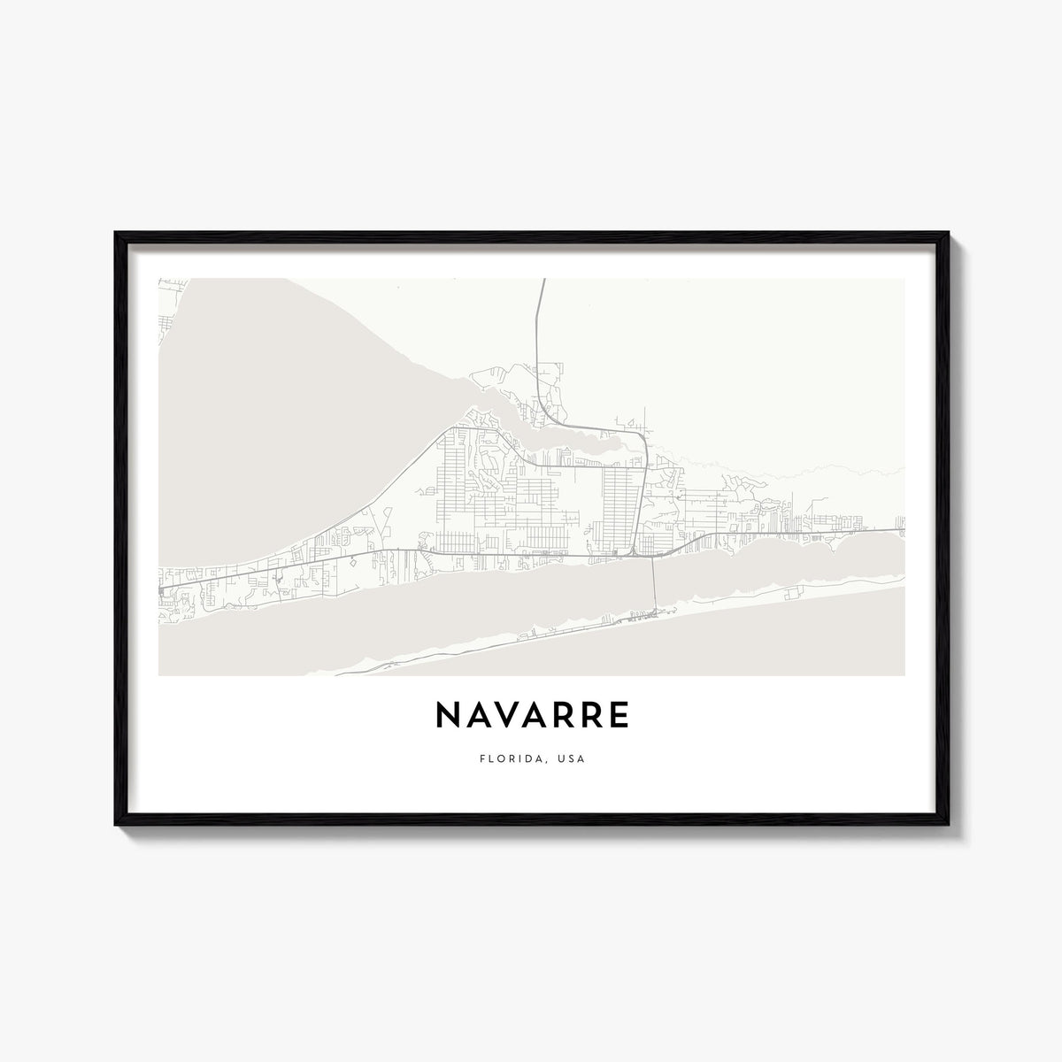 Navarre black & white map poster of Florida, USA – horizontal wall art, unframed print shown in interior mockup