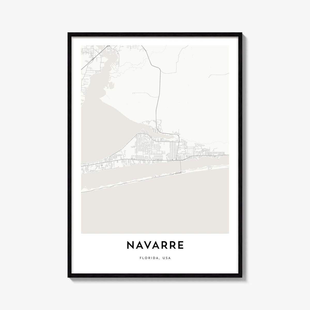 Navarre black & white map poster of Florida, USA – vertical wall art, unframed print shown in interior mockup