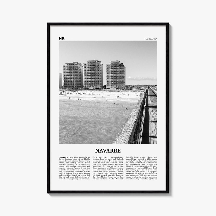 Navarre black & white newspaper poster of Florida, USA – vertical wall art, unframed print shown in interior mockup