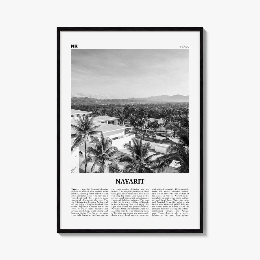 Nayarit black & white newspaper poster of Mexico – vertical wall art, unframed print shown in interior mockup