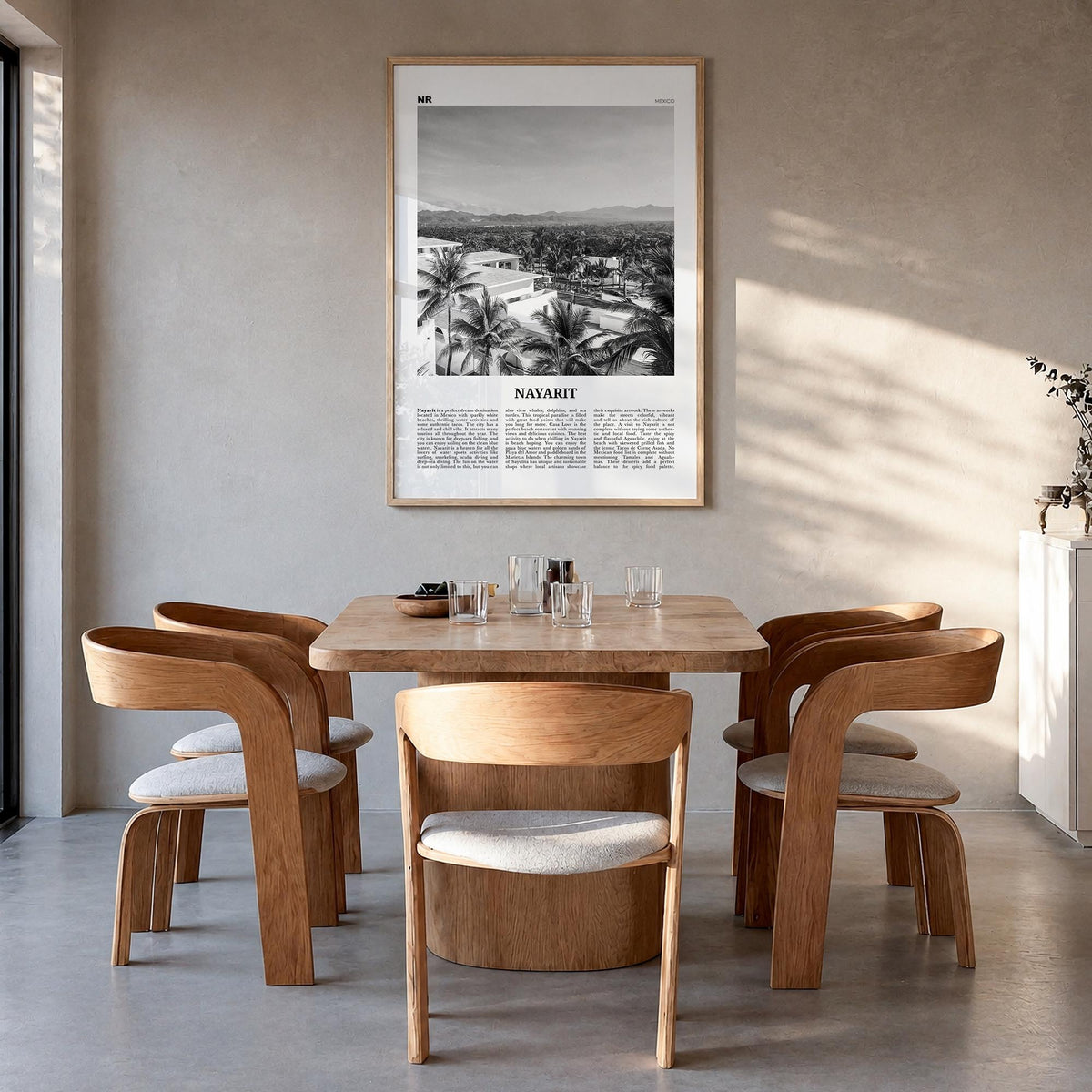 Nayarit black & white newspaper poster of Mexico – vertical wall art in natural wood frame, hanging on wall