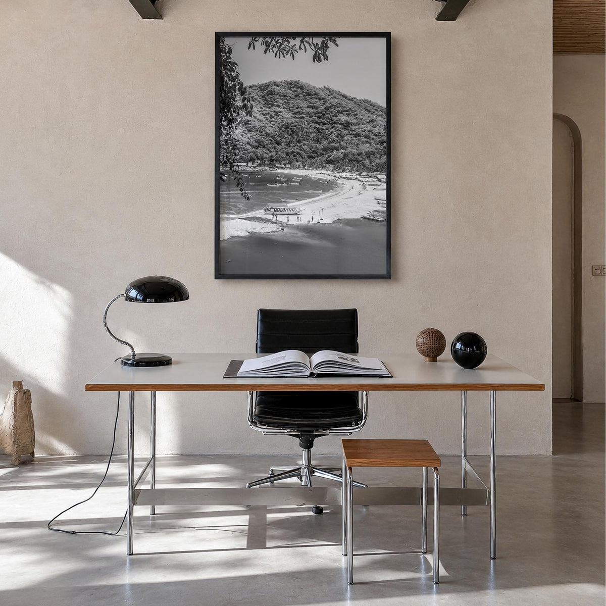 Nayarit black & white photo poster of Mexico – vertical wall art in black wood frame, hanging on wall