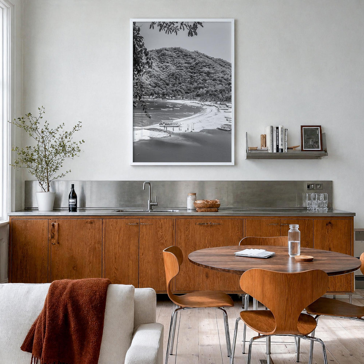 Nayarit black & white photo poster of Mexico – vertical wall art in white wood frame, hanging on wall