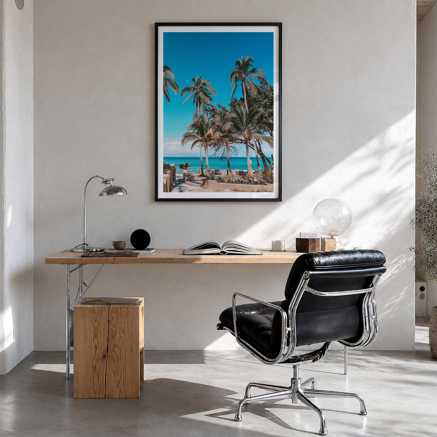 Nayarit colorful photo poster of Mexico – vertical wall art in black wood frame with white border, hanging on wall
