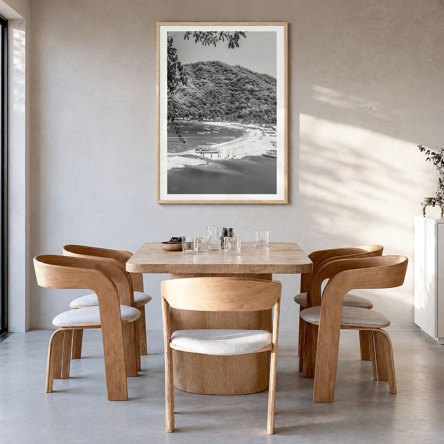 Nayarit Photo Poster in a natural wood frame, hanging in a dining room, white border