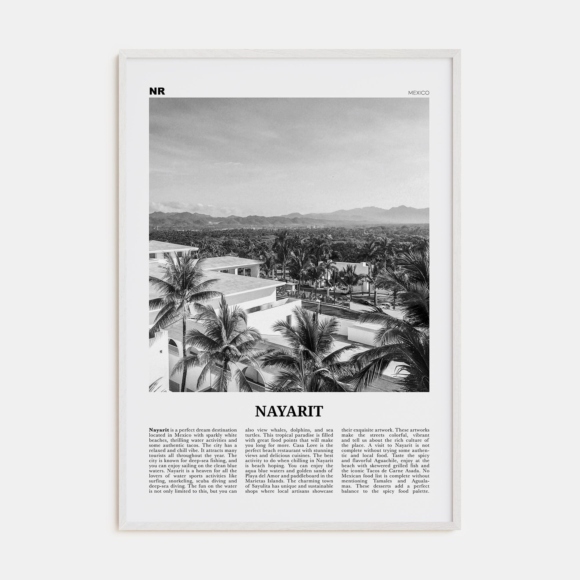 Nayarit Poster White Wood / 8x12 in Nbourhood Travel B&W Poster