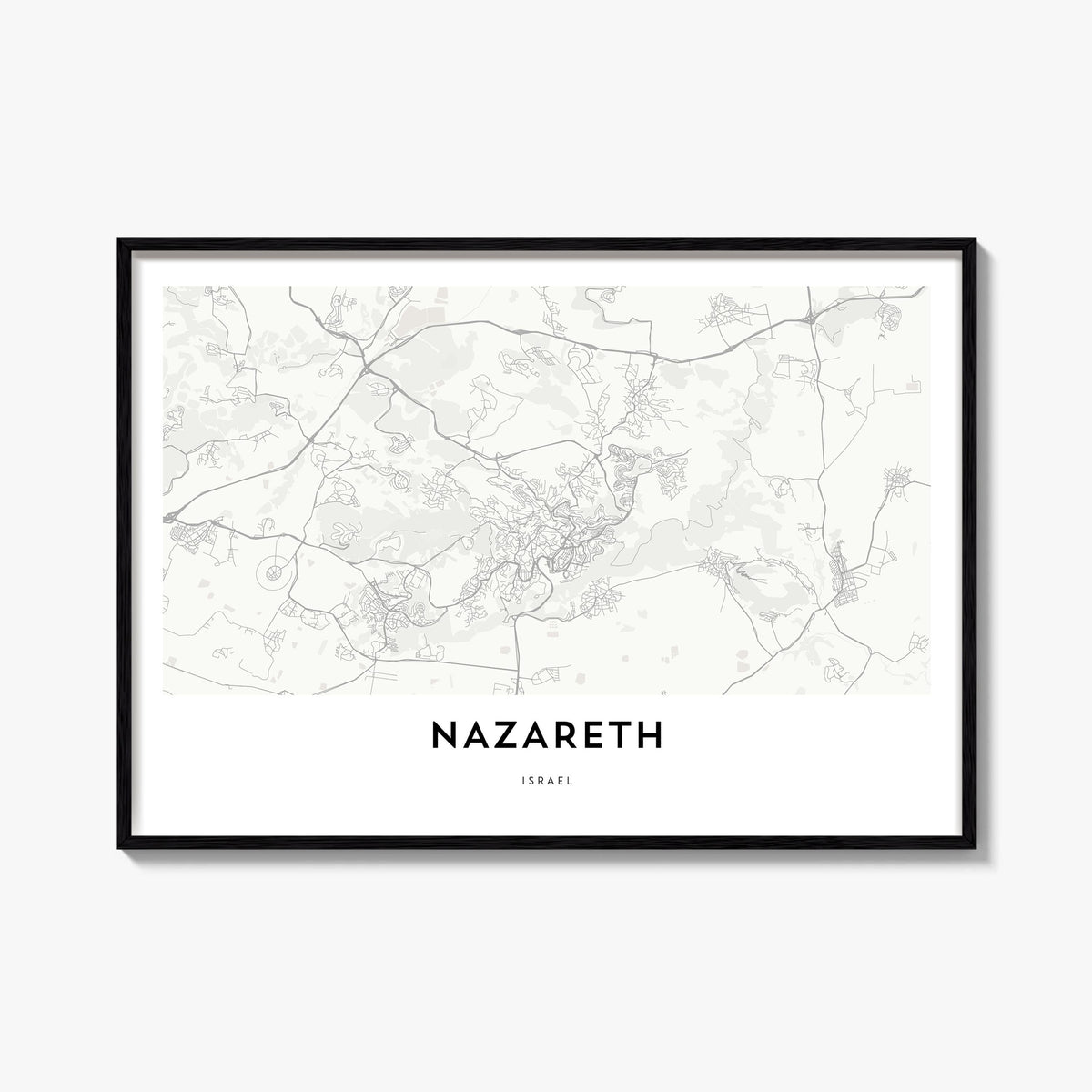 Nazareth black & white map poster of Israel – horizontal wall art, unframed print shown in interior mockup