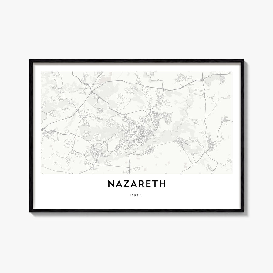 Nazareth black & white map poster of Israel – horizontal wall art, unframed print shown in interior mockup