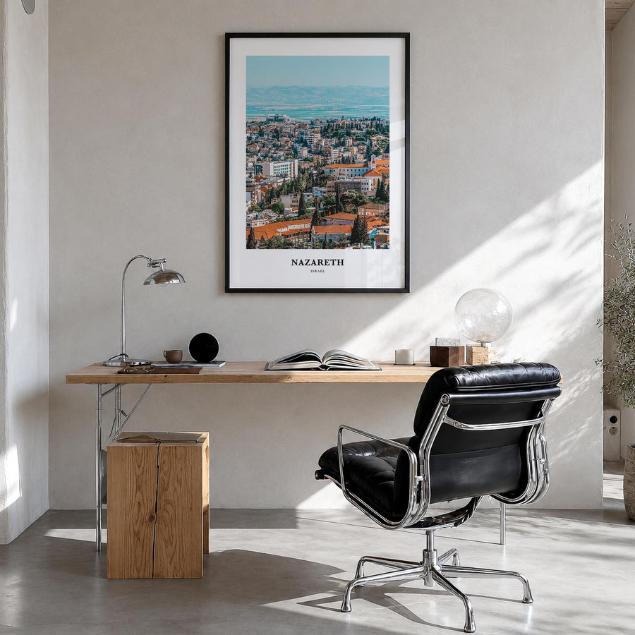 Nazareth colorful classic poster of Israel – vertical wall art in black wood frame, hanging on wall