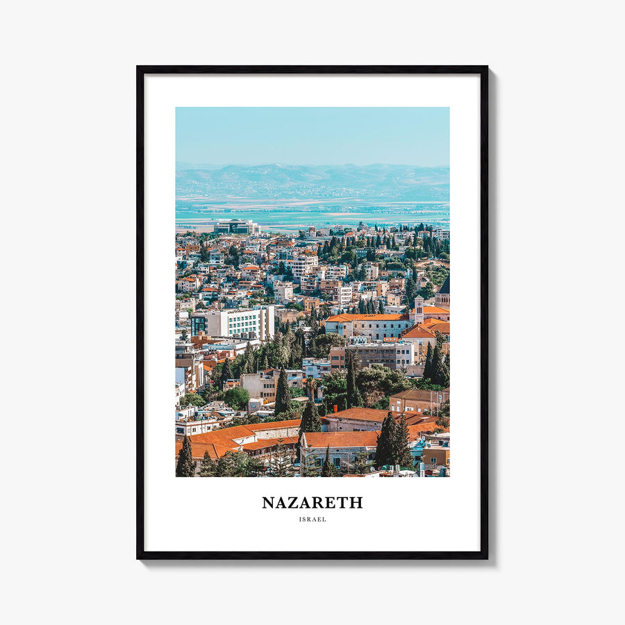 Nazareth colorful classic poster of Israel – vertical wall art, unframed print shown in interior mockup