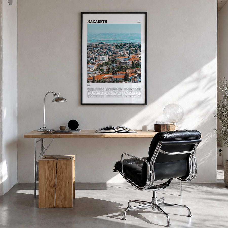 Nazareth colorful travel poster of Israel – vertical wall art in black wood frame, hanging on wall
