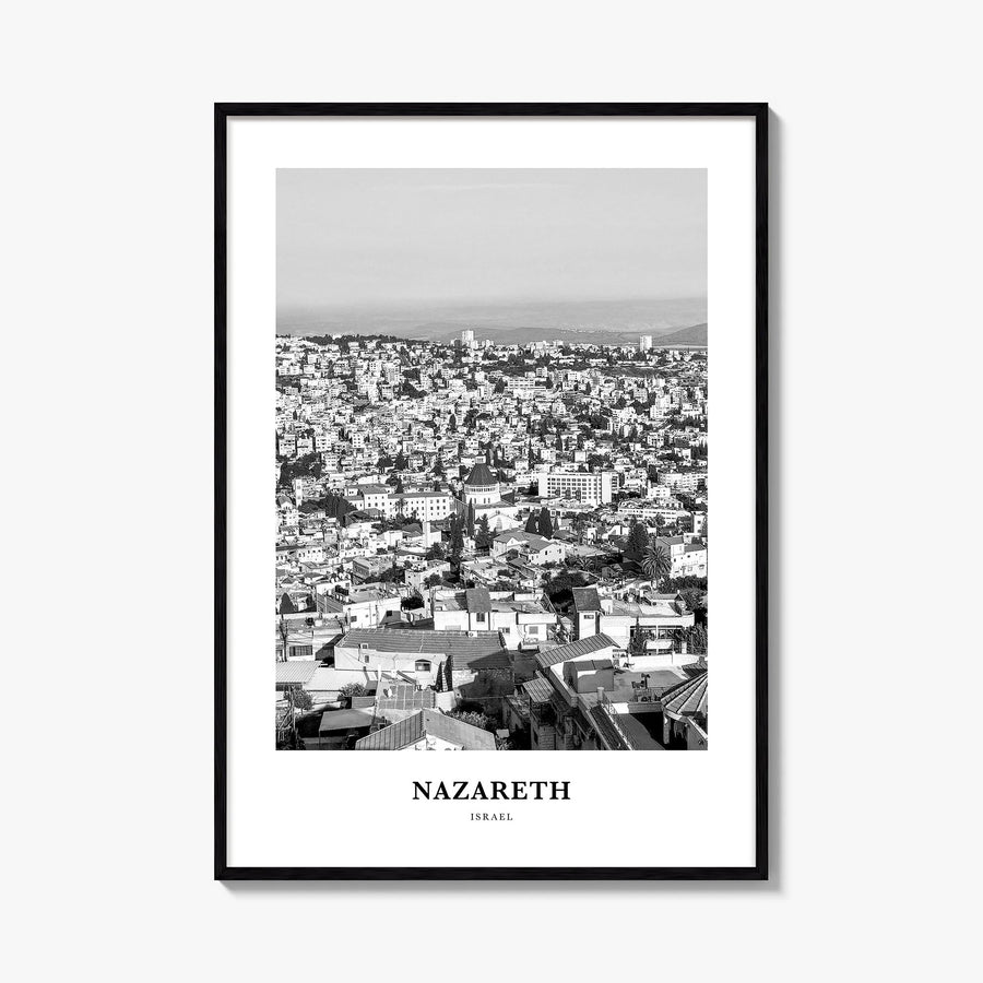 Nazareth no. 1 black & white classic poster of Israel – vertical wall art, unframed print shown in interior mockup