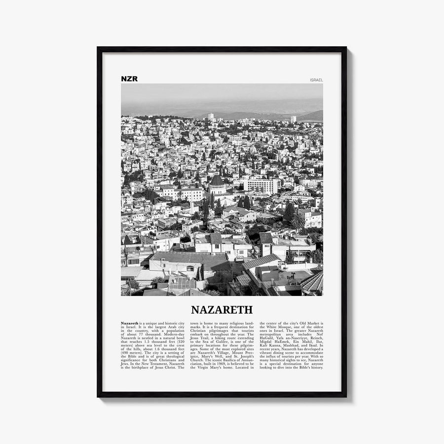 Nazareth no. 1 black & white newspaper poster of Israel – vertical wall art, unframed print shown in interior mockup