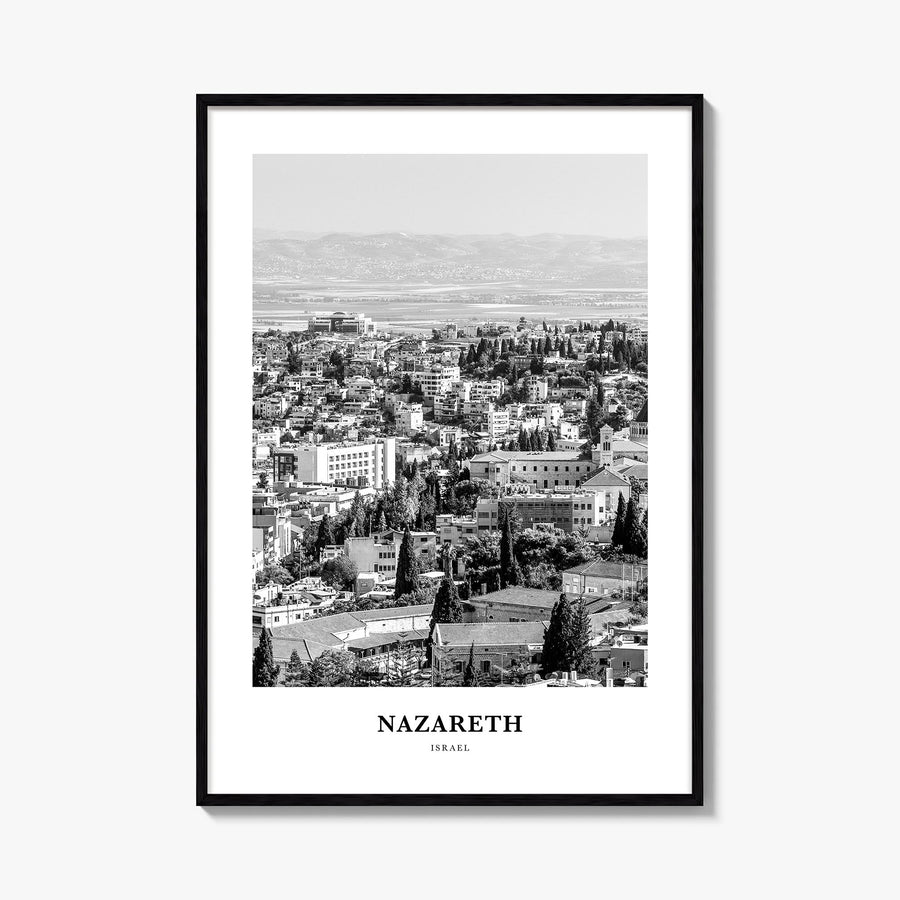 Nazareth no. 2 black & white classic poster of Israel – vertical wall art, unframed print shown in interior mockup