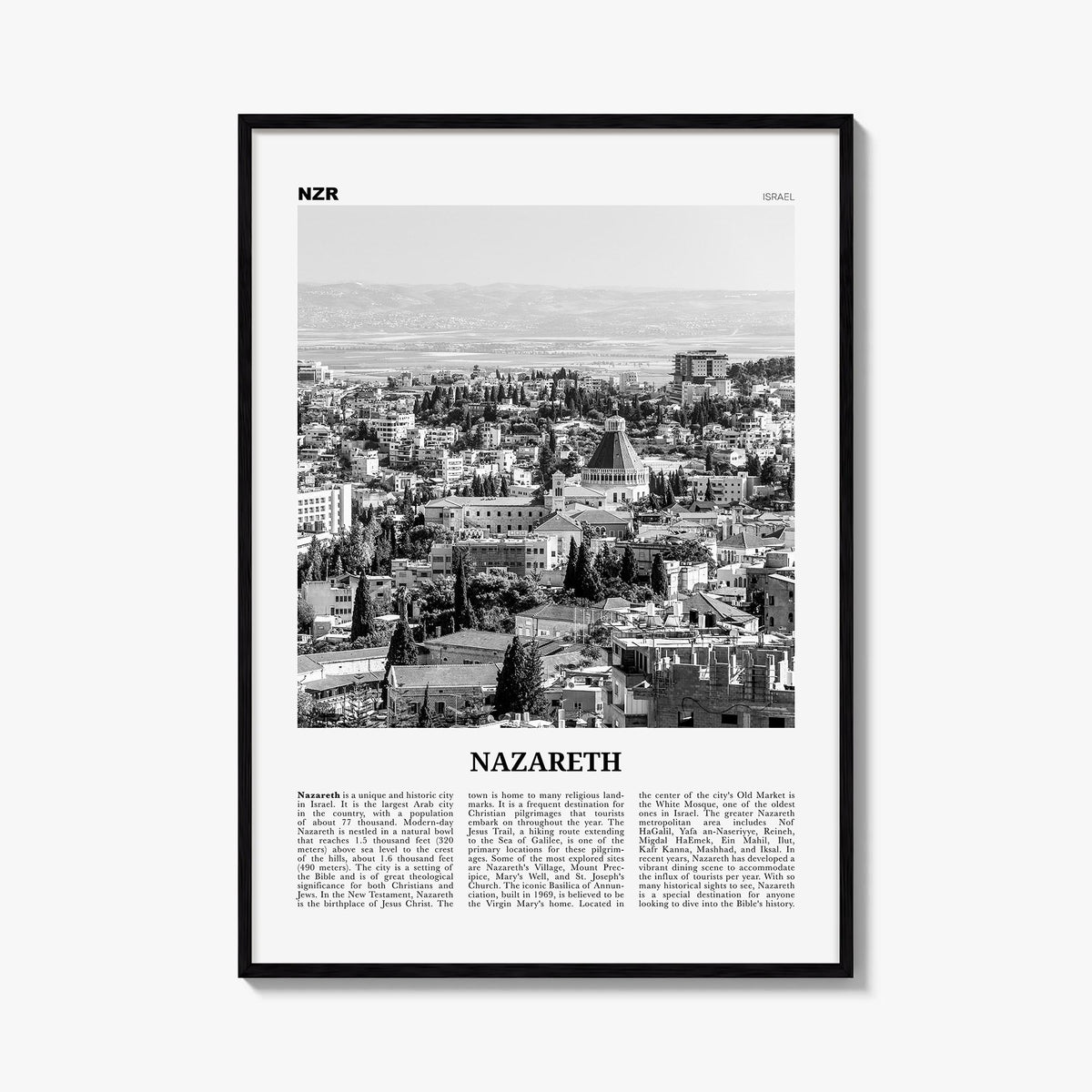 Nazareth no. 2 black & white newspaper poster of Israel – vertical wall art, unframed print shown in interior mockup