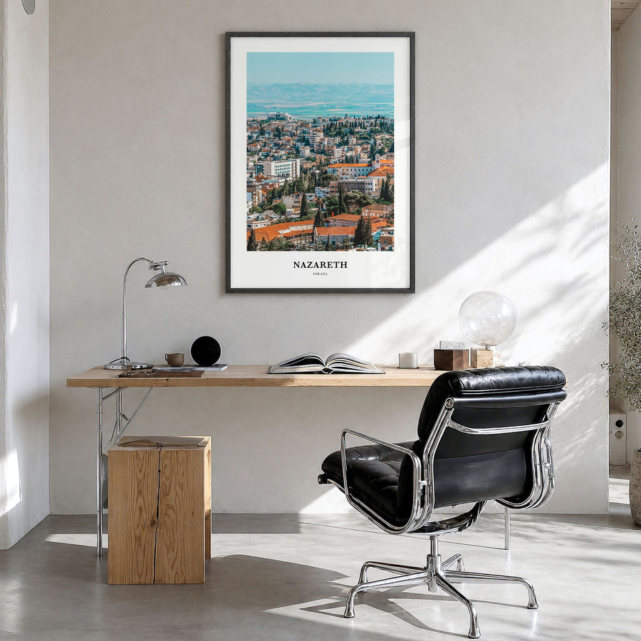 Nazareth Classic Poster in a black wood frame, hanging in a bright home office