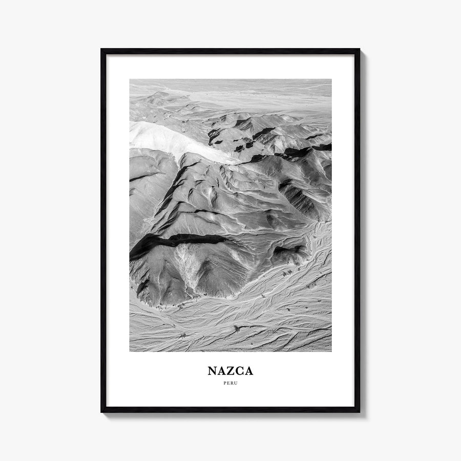 Nazca black & white classic poster of Peru – vertical wall art, unframed print shown in interior mockup