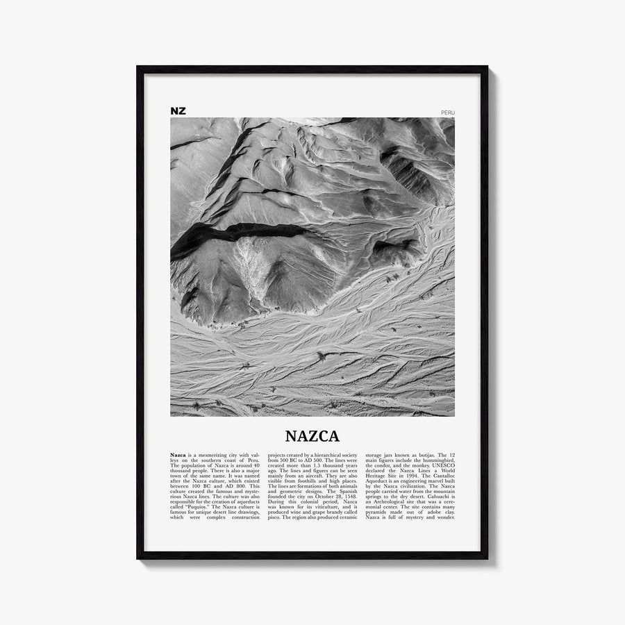 Nazca black & white newspaper poster of Peru – vertical wall art, unframed print shown in interior mockup