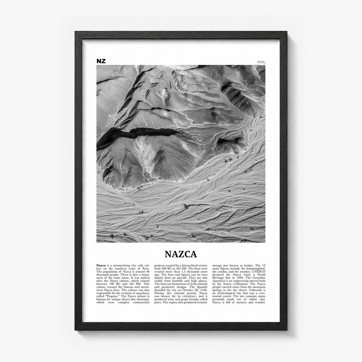 Nazca Newspaper Poster in a black wood frame