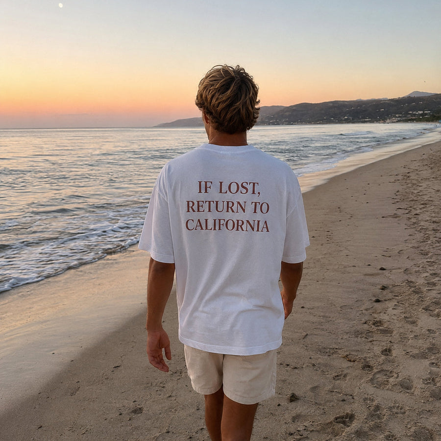 If Lost, Return To – Custom T-Shirt in white, back print (shown: California)