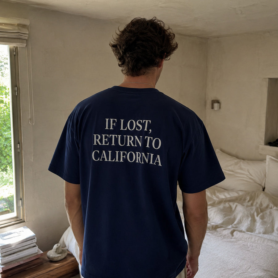 If Lost, Return To – Custom T-Shirt in navy, back print (shown: California)