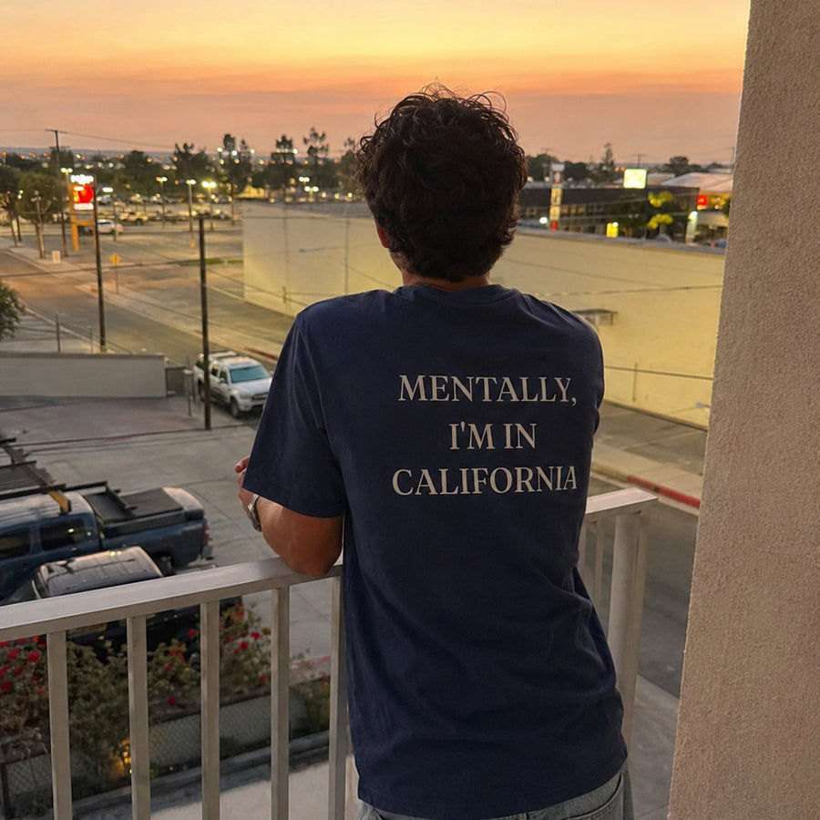 Mentally, I’m In – Custom T-Shirt in navy, back print (shown: California)
