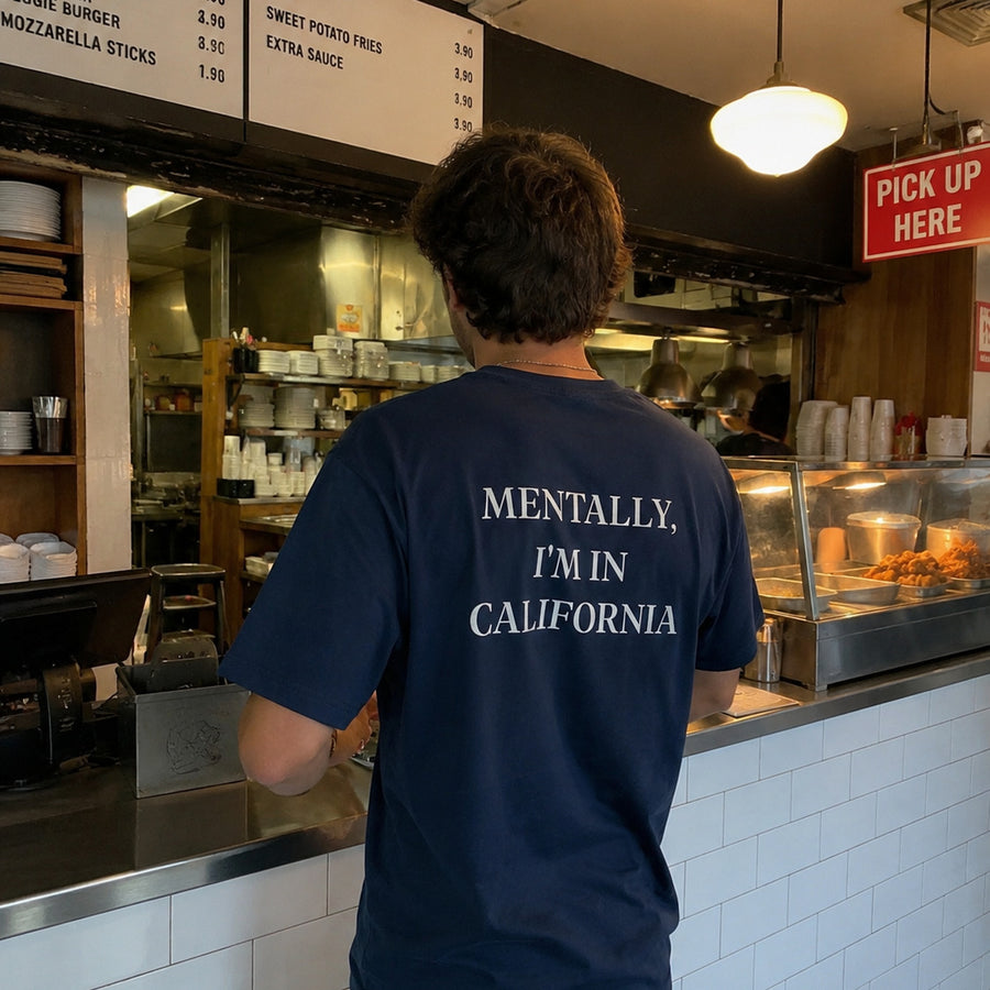 Mentally, I’m In – Custom T-Shirt in navy, back print (shown: California)