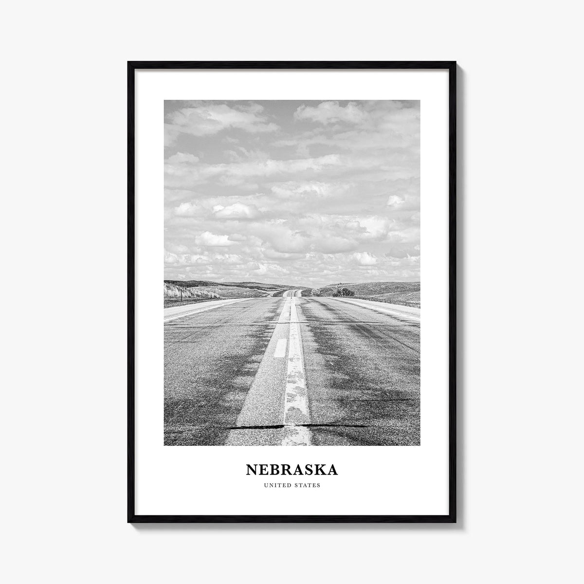 Nebraska black & white classic poster of United States – vertical wall art, unframed print shown in interior mockup