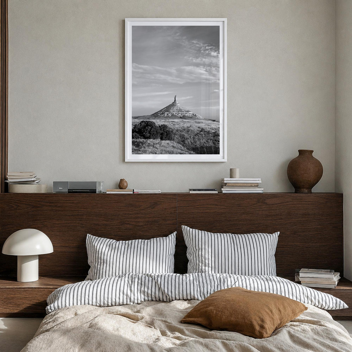 Nebraska black & white photo poster of United States – vertical wall art in white wood frame with white border, hanging on wa